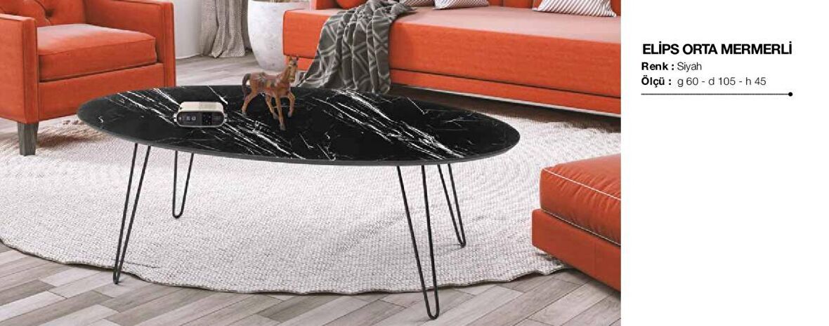 Bengi Orta sehpa OSM ELİPS Model Metal V ayak Siyah mermer tabla İtinalı paket ve kargo Kutu içinde sevk