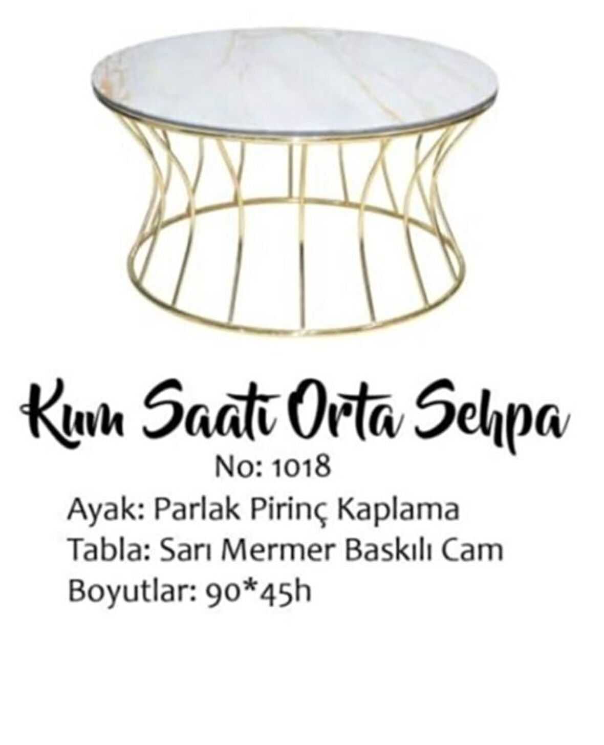 Bengi Brc KUM SAATİ Orta sehpa Model  1018 BEYAZ MERMER TEMPER Cam Meta Gold Renk Kaplama El Yapım