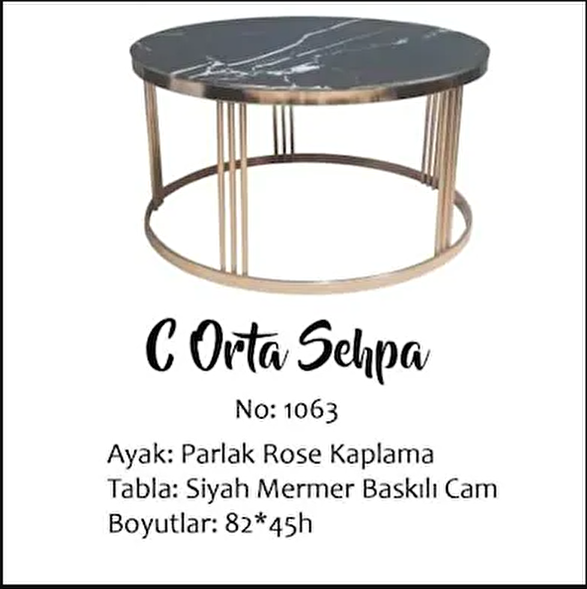 Bengi Brc Orta Sehpa C 1063 Model Mermer Siyah Temper Cam Metal  Çelik ROSE Renk Kaplama Ayak El Yapım