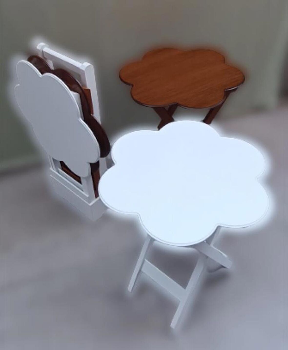 Çanta Zigon Sehpa Papatya Dörtlü Model Ahşap Mdf Ceviz ve Beyaz Renk Uyumu El Yapımı