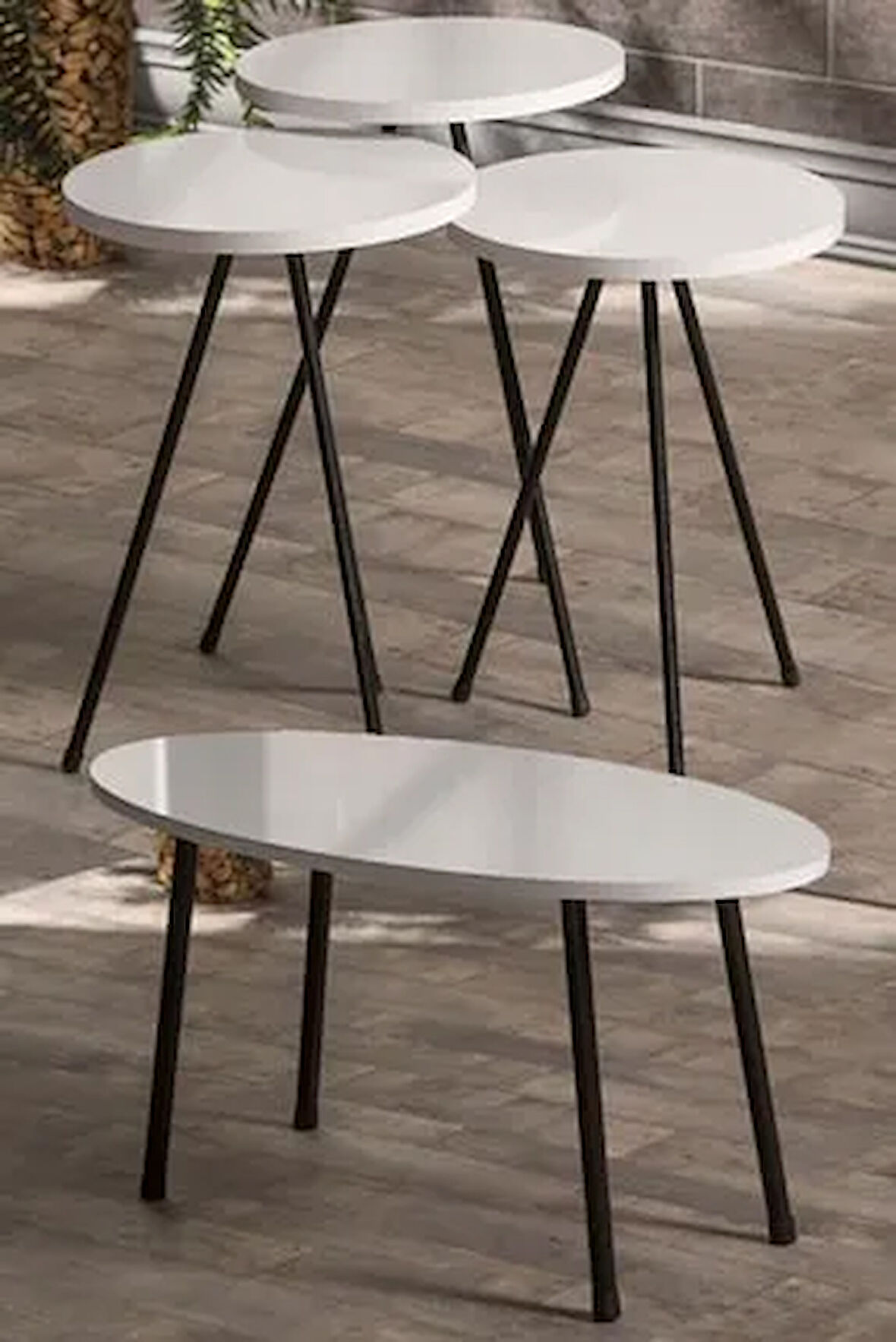 Zigon Sehpa Ve Orta Sehpa Set Metal Elips Beyaz
