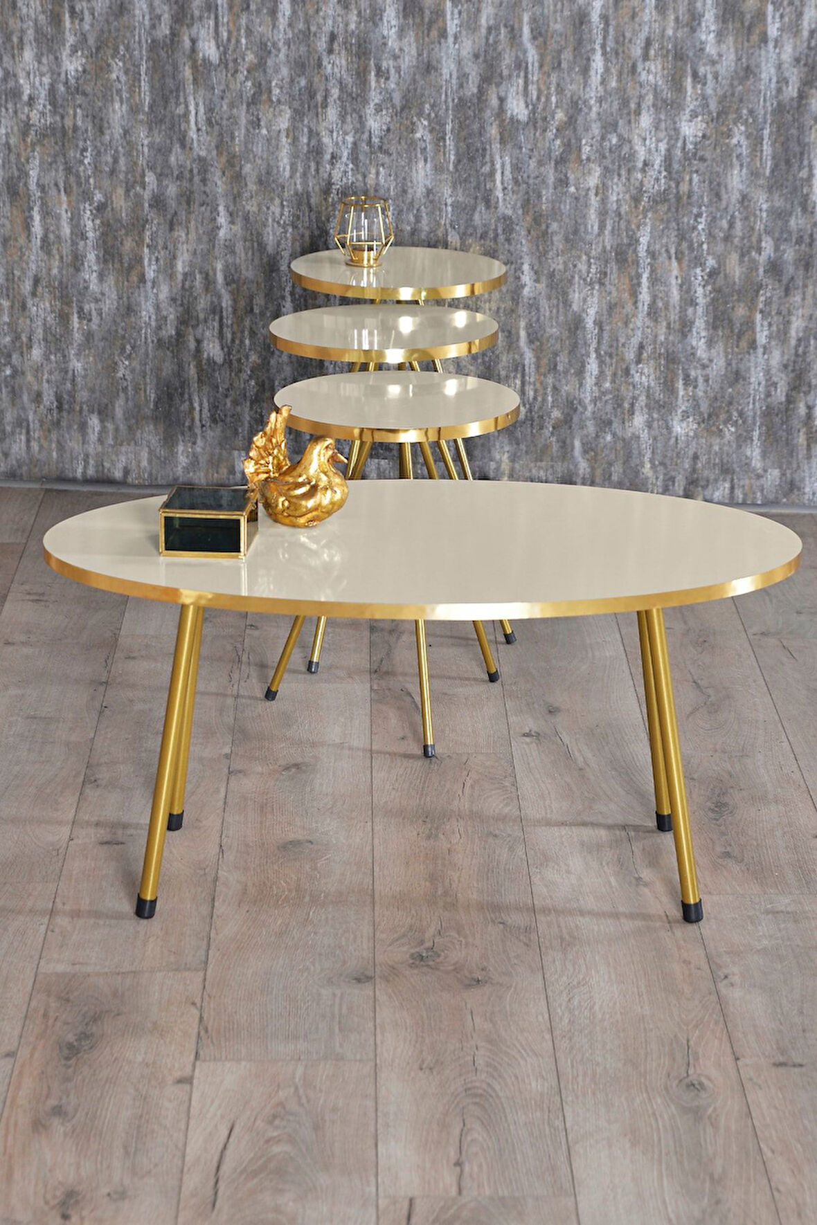 Zigon Sehpa ve Orta Sehpa Elips Gold Metal Ayak Gold Krem Set