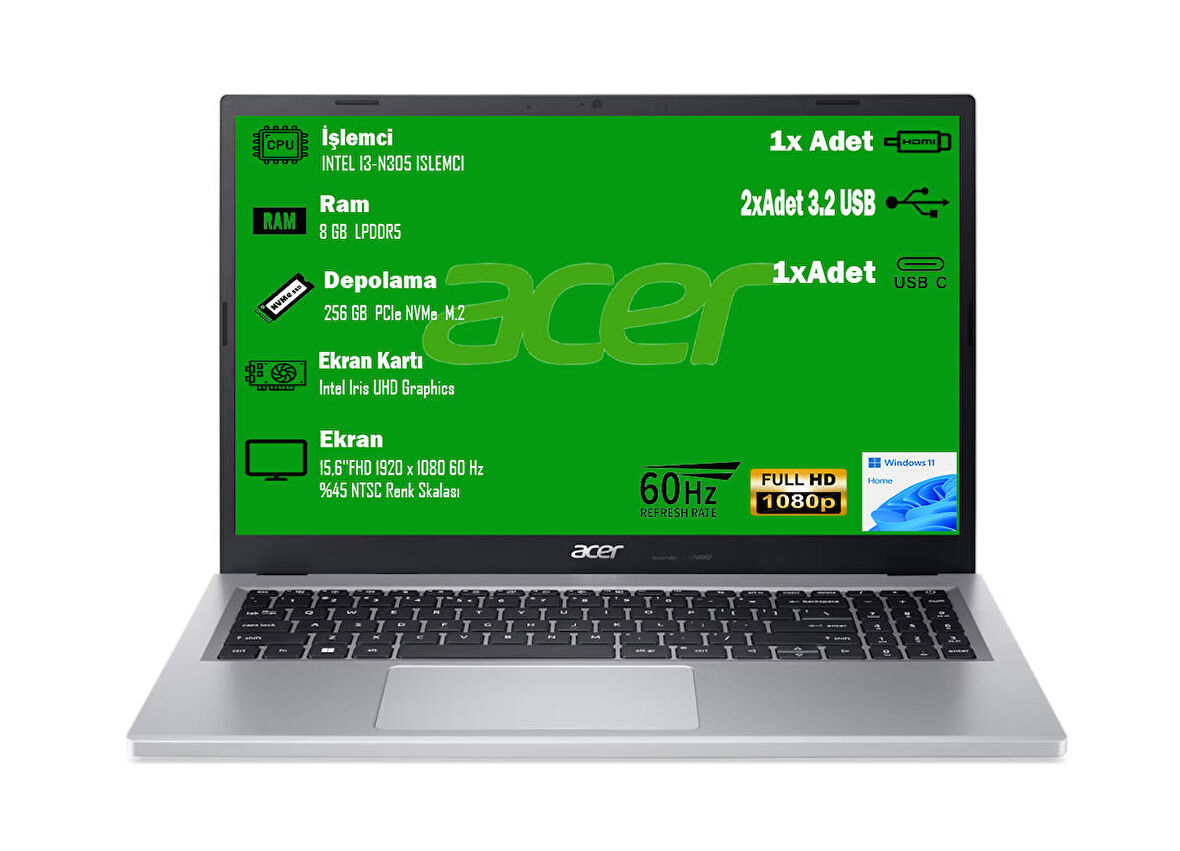 Acer Aspire 3 A315-510P-39S1 Intel I3-N305 8 GB Ram 256 GB SSD 15.6” FHD W11 HOME NX.KDHEY.008