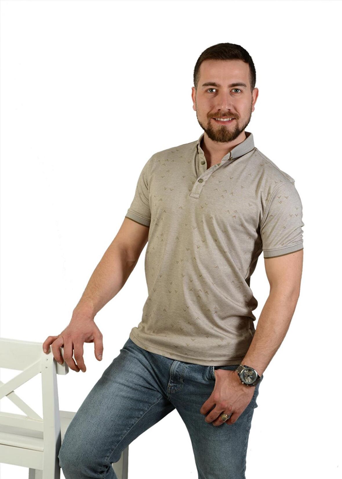 Raymons Erkek Vizon Polo Yaka Desenli T-Shirt Regular Kesim