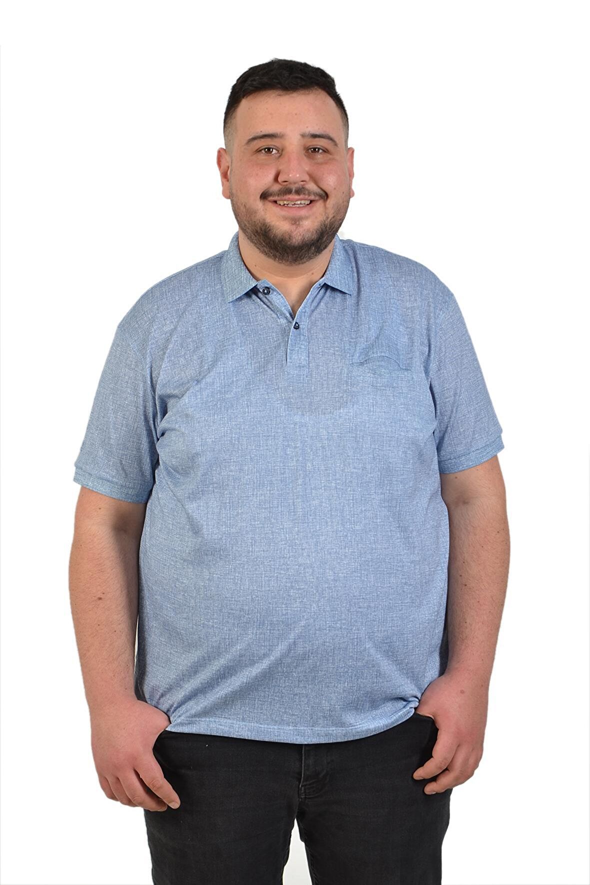 Büyük Beden Mavi Polo Yaka Düz Erkek  T-Shirt Klasik Kesim