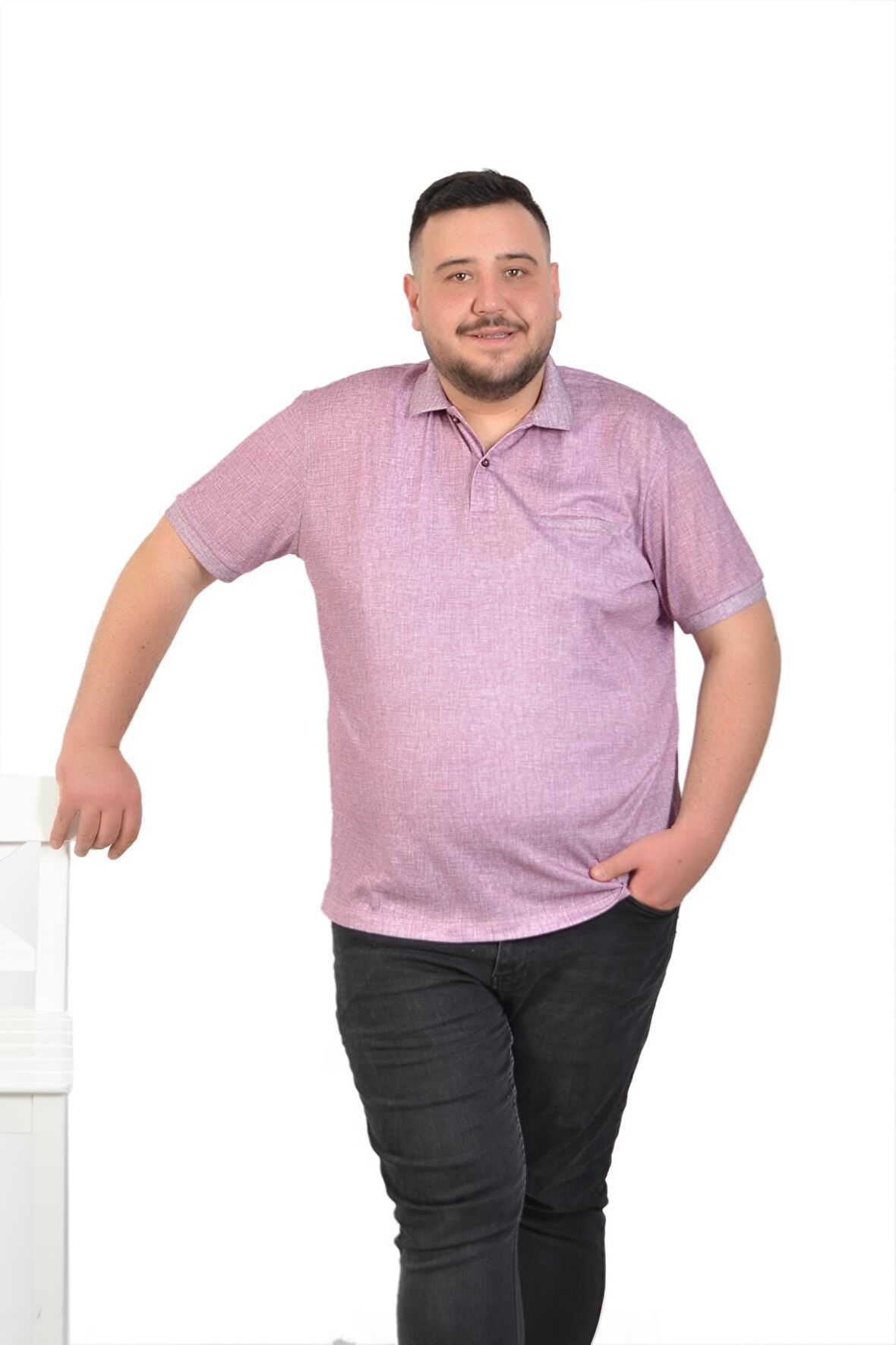 Büyük Beden Fuşya Polo Yaka Düz Erkek  T-Shirt Klasik Kesim