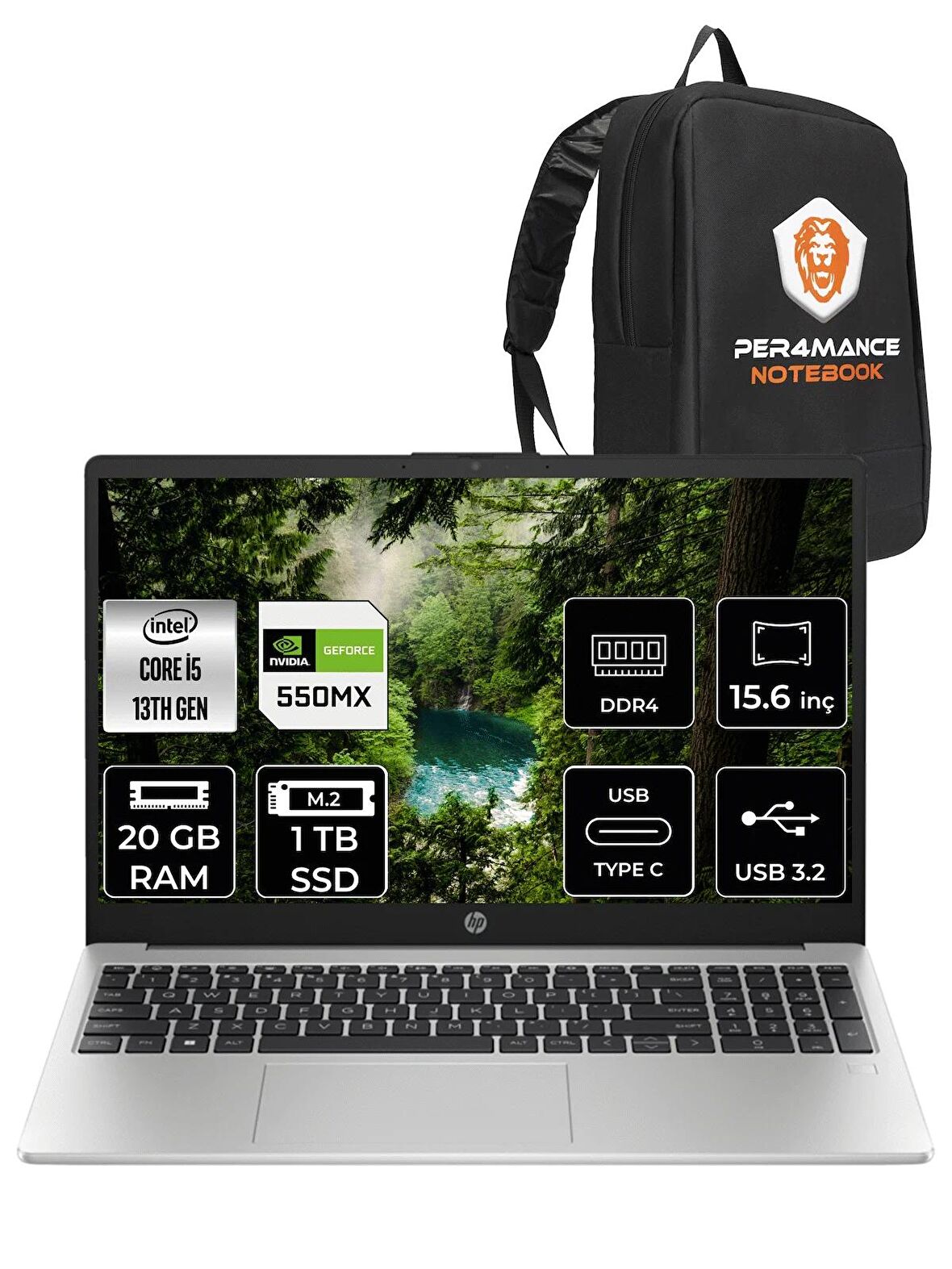 HP 250 G10 Intel Core i5 1335U 20GB RAM 1TB SSD MX550 15.6'' FHD FDOS 8A539EA & PER4 ÇANTA