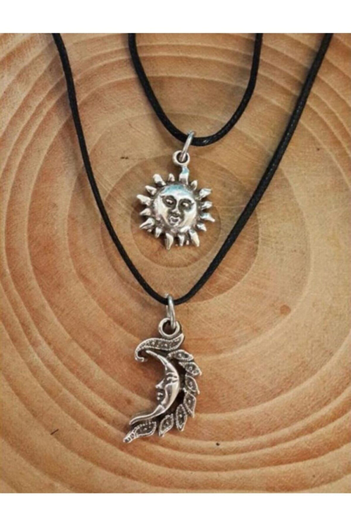 Kadın Gri Güneş Ay Hilal Ikili Deri Ip Set Kolye Takı