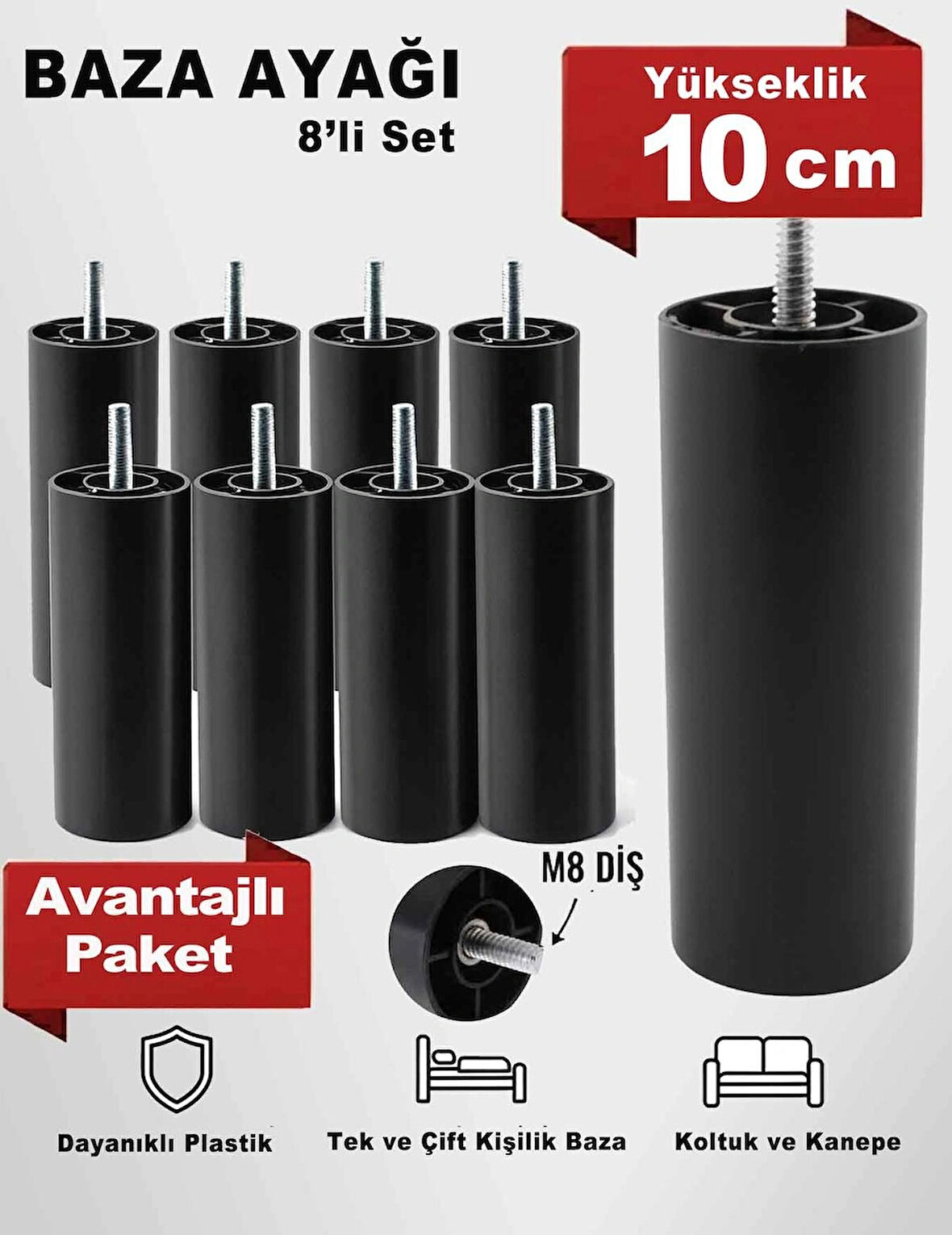 10 Cm M8 Diş (8 Adet) Siyah Silindir Koltuk Kanepe Baza Ayağı
