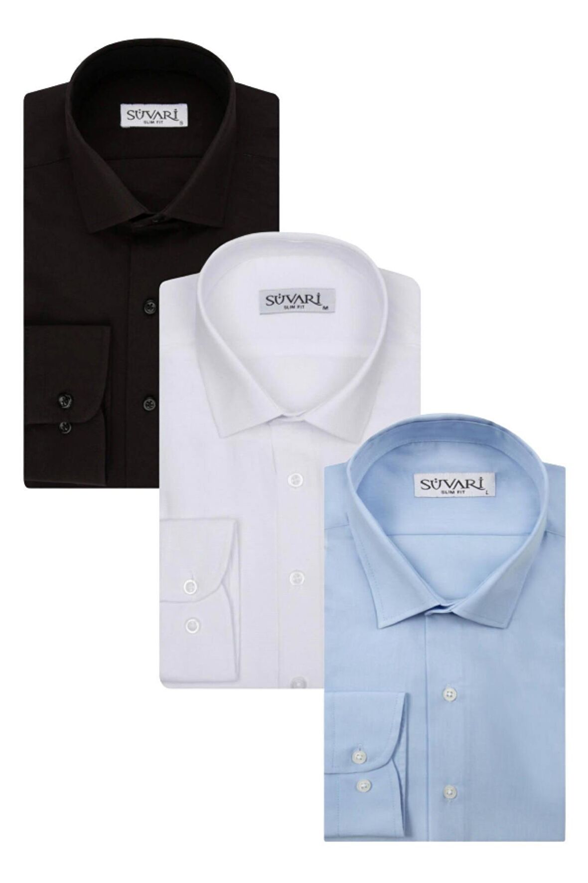 Süvari 3 Lü Slim Fit Düz Gömlek Seti Siyah Beyaz Mavi