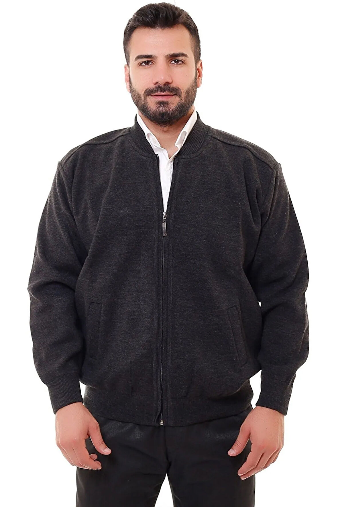 Astarlı Cepli Farmuarlı Çelik Örme Ceket Hırka Siyah