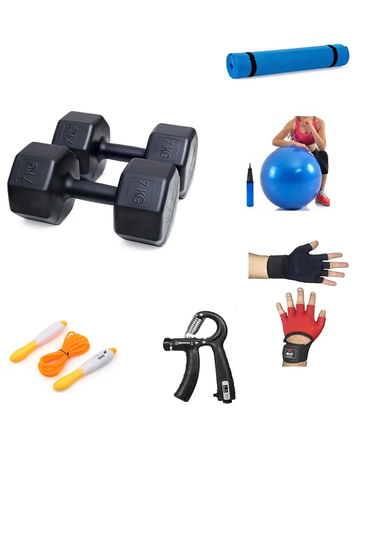 PS SPOR 7 KG DAMBIL X 2 ADET = 14 KG + 5 ÇEŞİT PLASTES VE EGZERSİZ SETİ