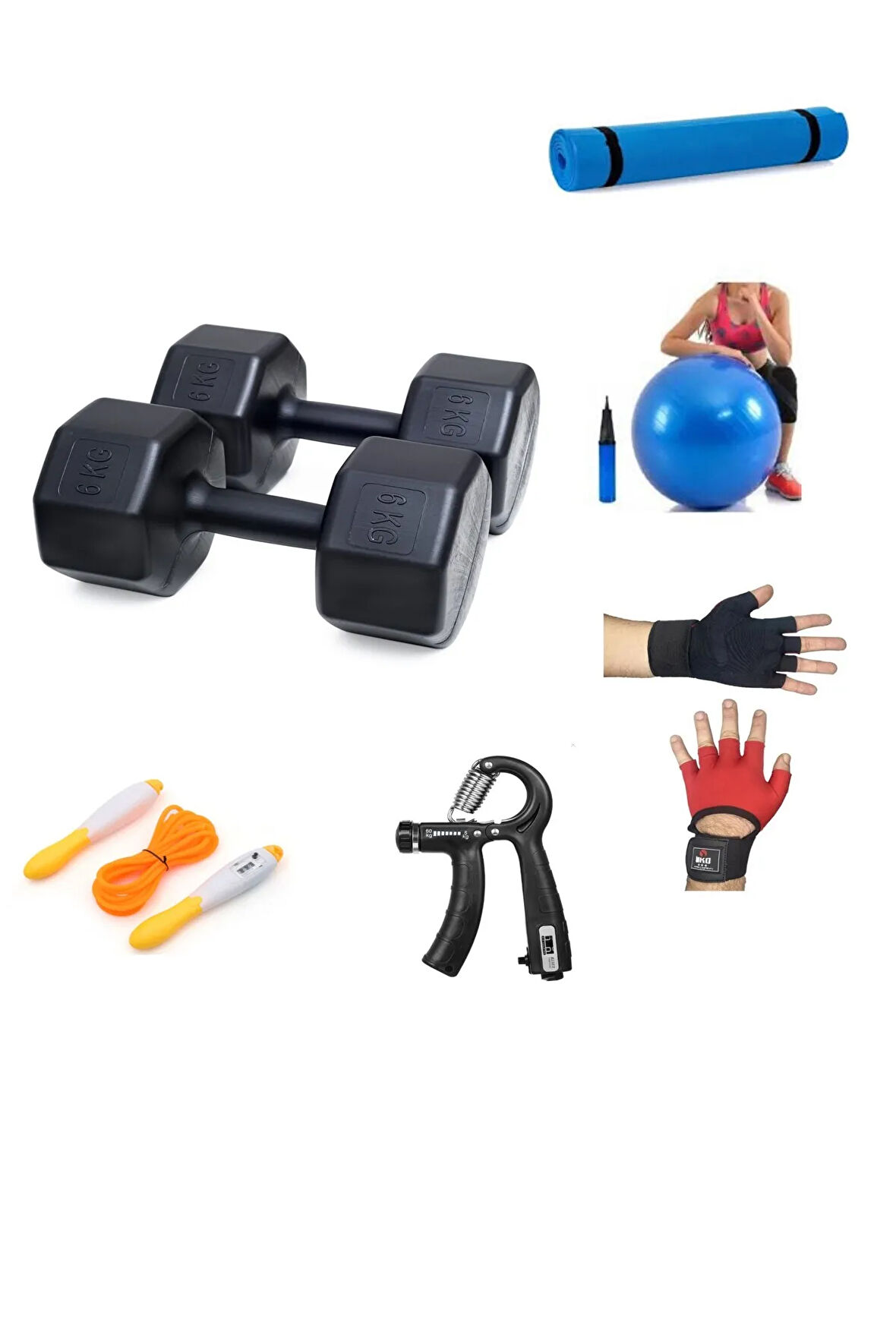 PS SPOR 6 KG DAMBIL X 2 ADET = 12 KG + 5 ÇEŞİT PLASTES VE EGZERSİZ SETİ