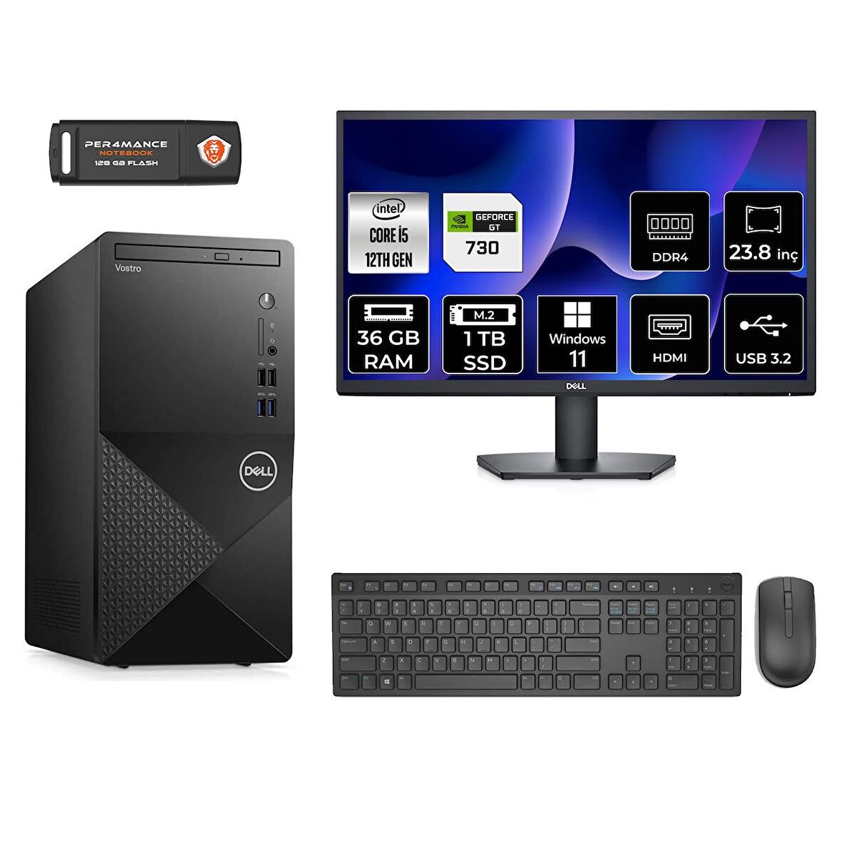 Dell Vostro 3910MT i5 12400 36GB 1TB SSD GT730/4GB W11H N7519VDT3910 & MASAÜSTÜ PC & 23.8" MONİTÖR