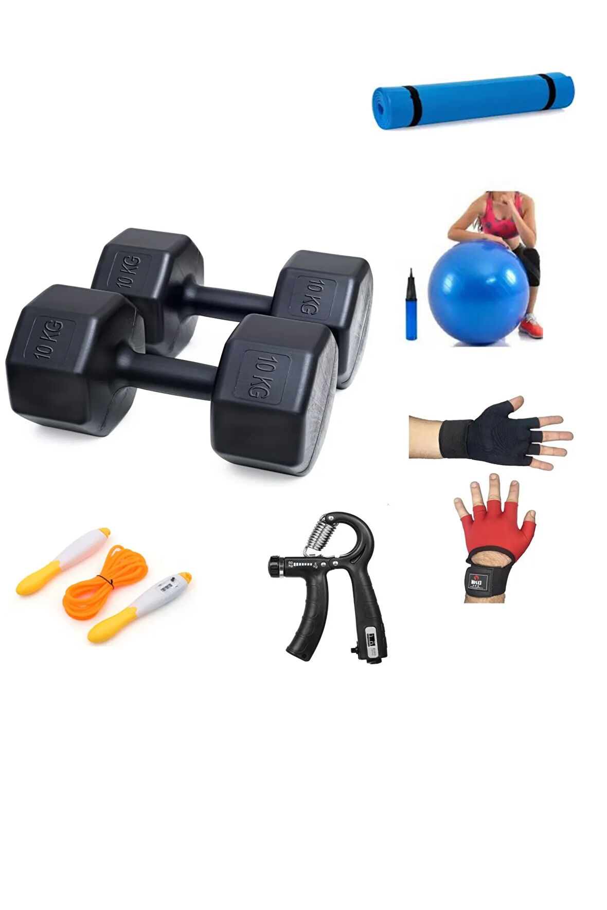 PS SPOR 10 KG DAMBIL X 2 ADET = 20 KG + 5 ÇEŞİT PLASTES VE EGZERSİZ SETİ