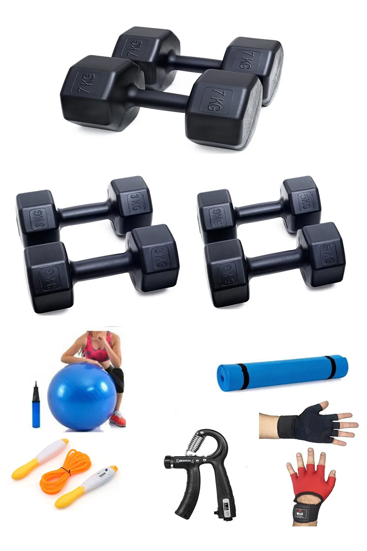 PS SPOR 3 ÇİFT DAMBIL SET 3 KG + 5 KG + 7 KG + 5 ÇEŞİT EGZERSİZ SETİ