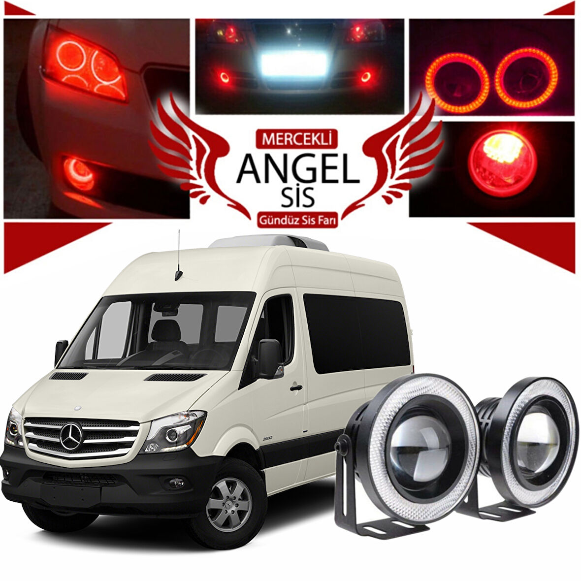 Mercedes - Benz Sprinter Uyumlu, Universal Mercekli Led Angel Sis Farı, 76mm Kırmızı Renk