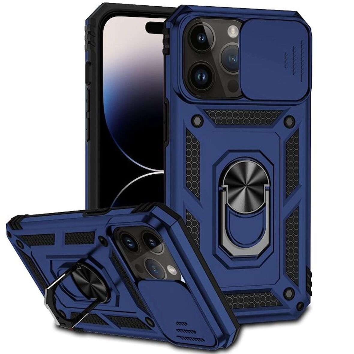Gpack Apple iPhone 14 Pro Max Kılıf Sert Silikon Tank Aramid Sürgülü Vega Yüzüklü