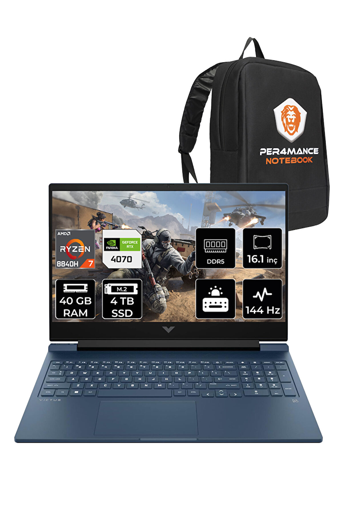 HP Victus 16 R7 8840H 40GB RAM 4TB SSD RTX4070/8GB 144Hz 16.1'' FHD FDOS Gaming Laptop & PER4 ÇANTA