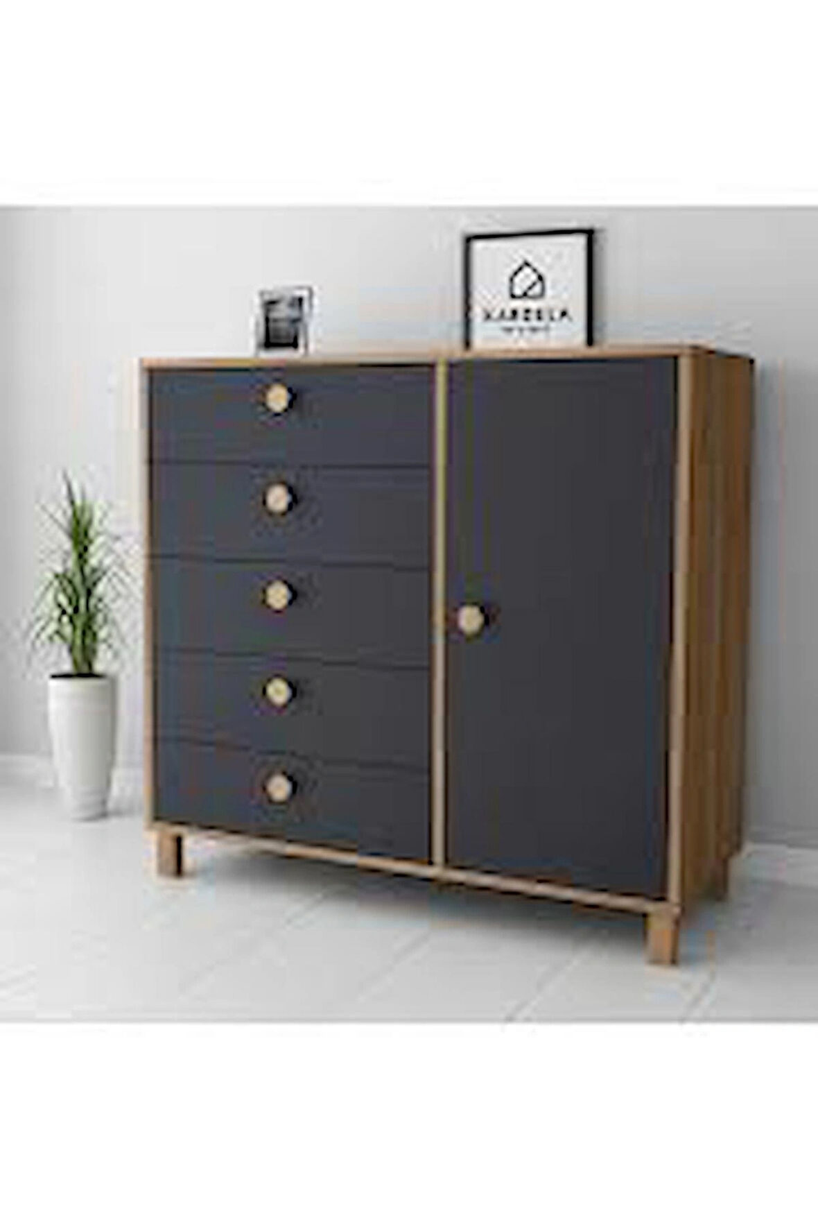 Kardela %100 Mdf Bebek Odası Çocuk Şifonyer 5 Çekmeceli Kapaklı Antrasit Atlantik Çam