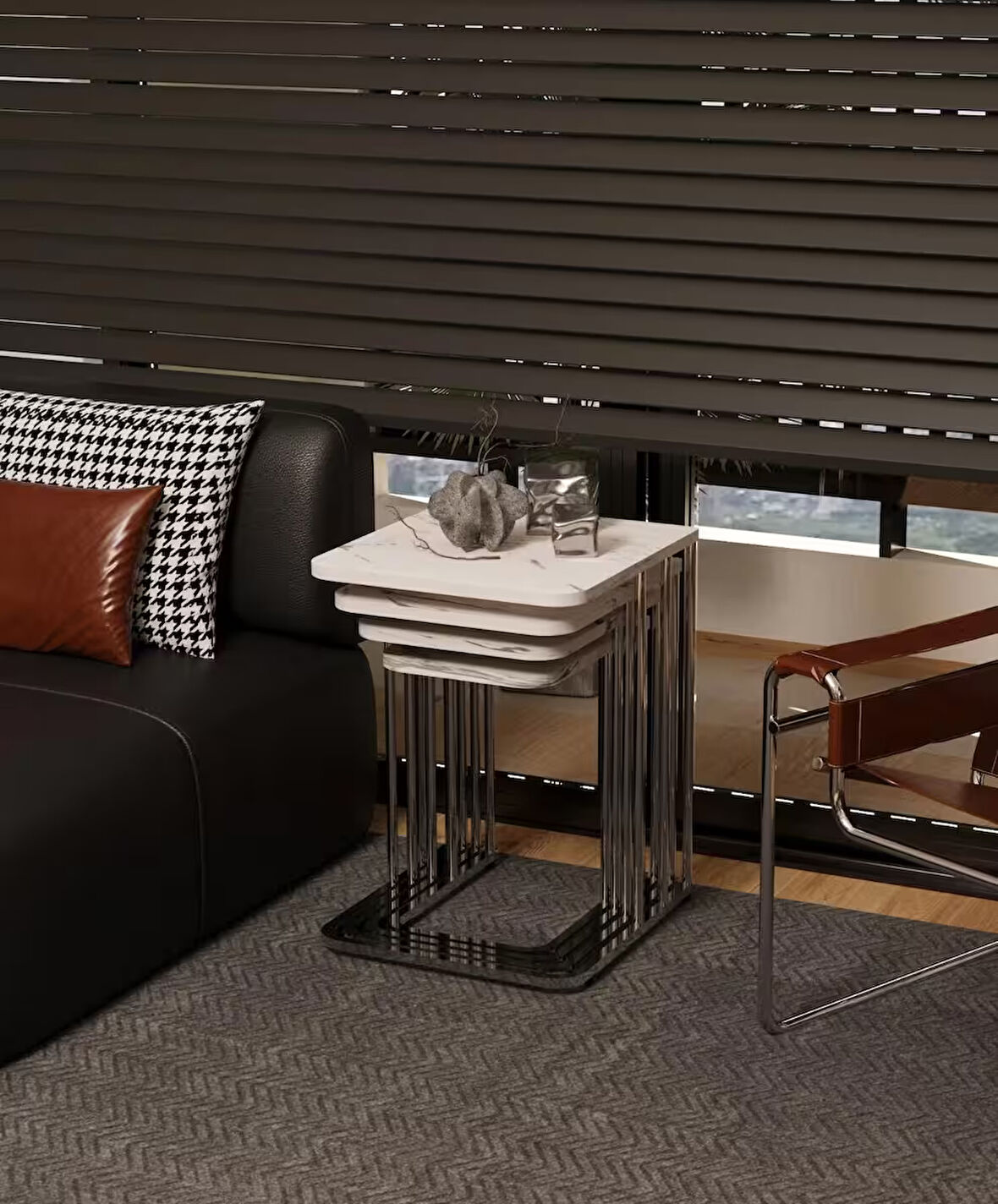 Ceylin Mdf 4lü Zigon Sehpa Tekerlekli Gümüş Ayak Beyaz Mermer Desen