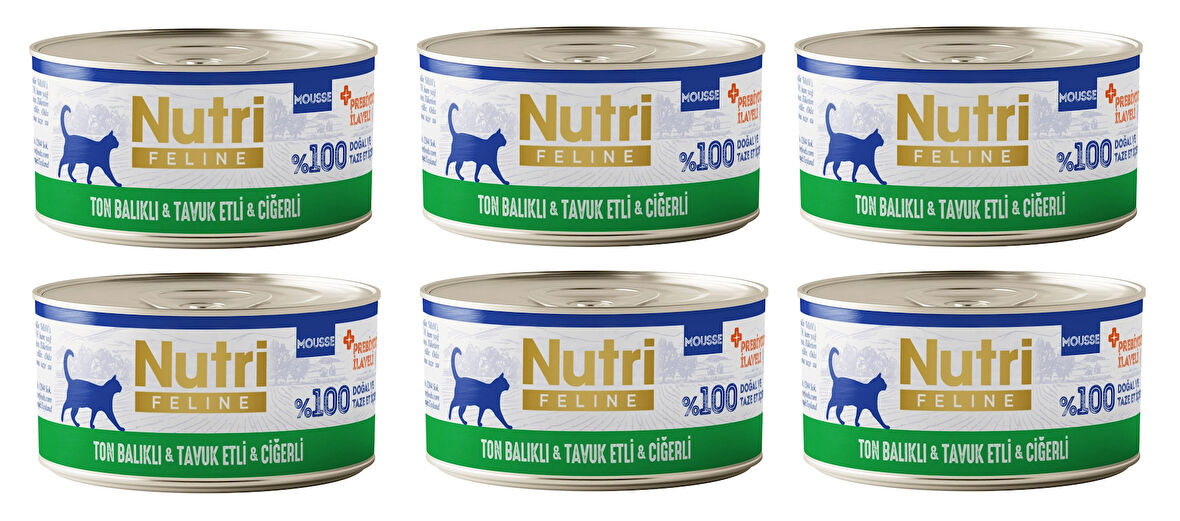 Nutri Feline Ton Balıklı, Tavuk ve Ciğerli Mousse Tahılsız Yetişkin Kedi Konservesi 70 Gr. X 6 Adet