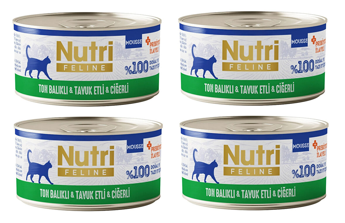 Nutri Feline Ton Balıklı, Tavuk ve Ciğerli Mousse Tahılsız Yetişkin Kedi Konservesi 70 Gr. X 4 Adet