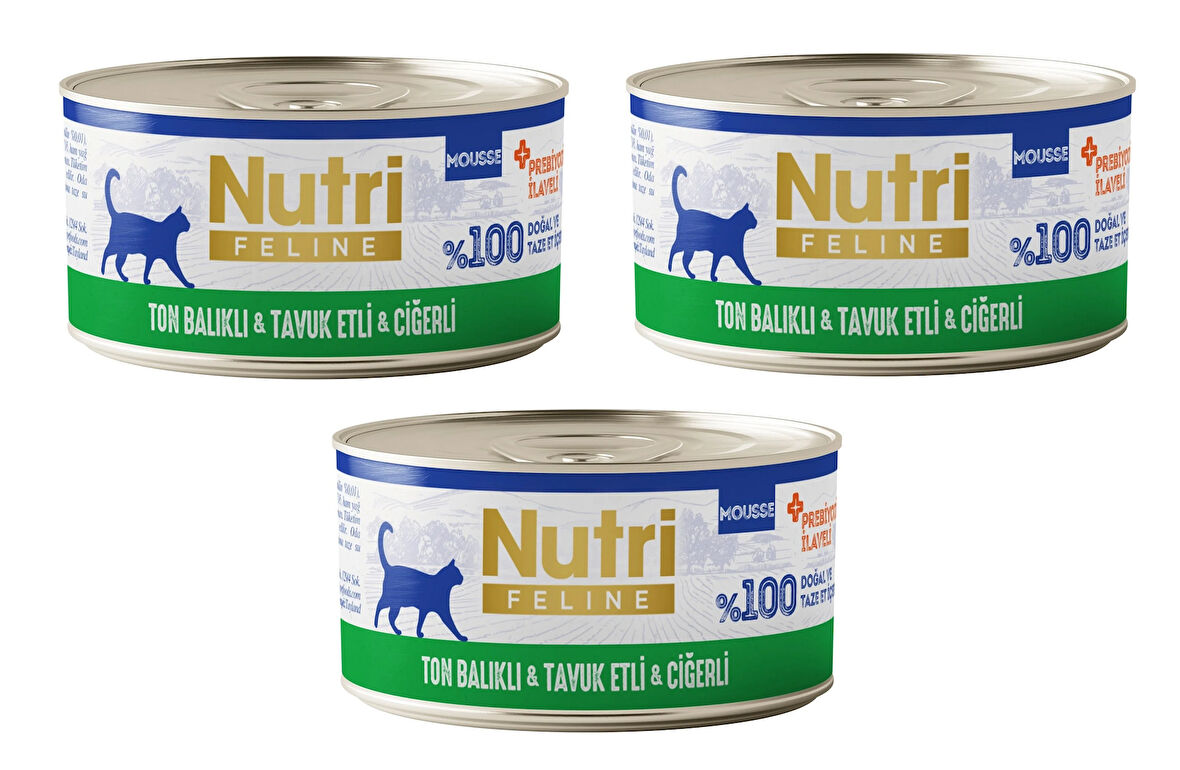 Nutri Feline Ton Balıklı, Tavuk ve Ciğerli Mousse Tahılsız Yetişkin Kedi Konservesi 70 Gr. X 3 Adet