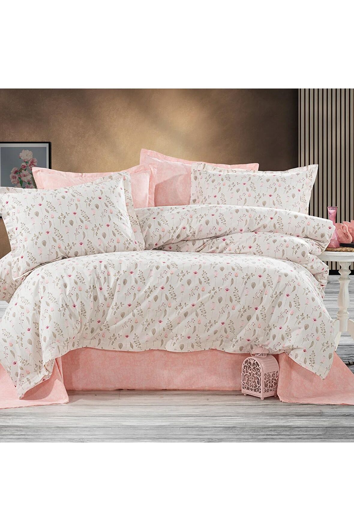 %100 Pamuklu 100x200 Pembe Desenli Tek Kişilik Nevresim Takımı (Lastikli Çarşaflı)
