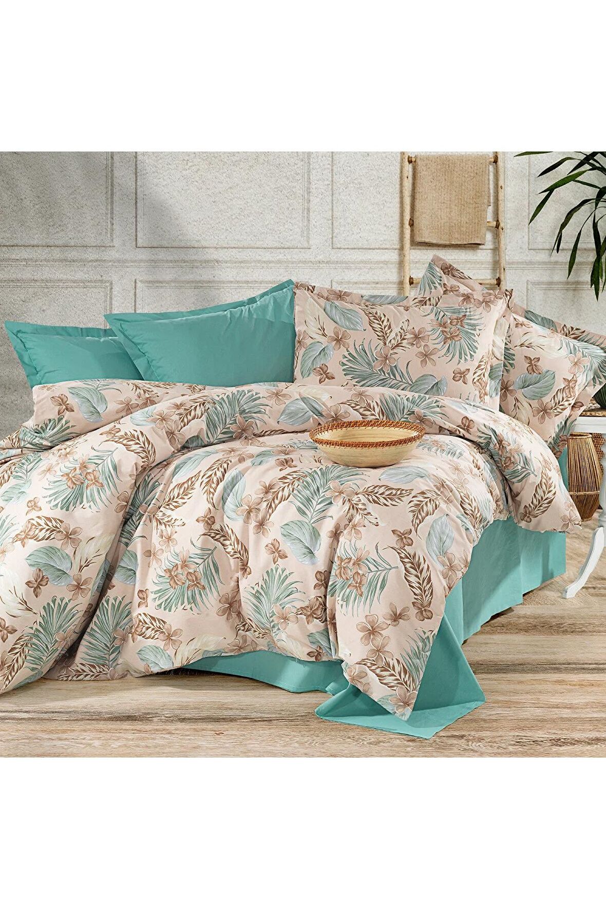 %100 Pamuklu 100x200 Yaprak Desenli Tek Kişilik Nevresim Takımı (Lastikli Çarşaflı)
