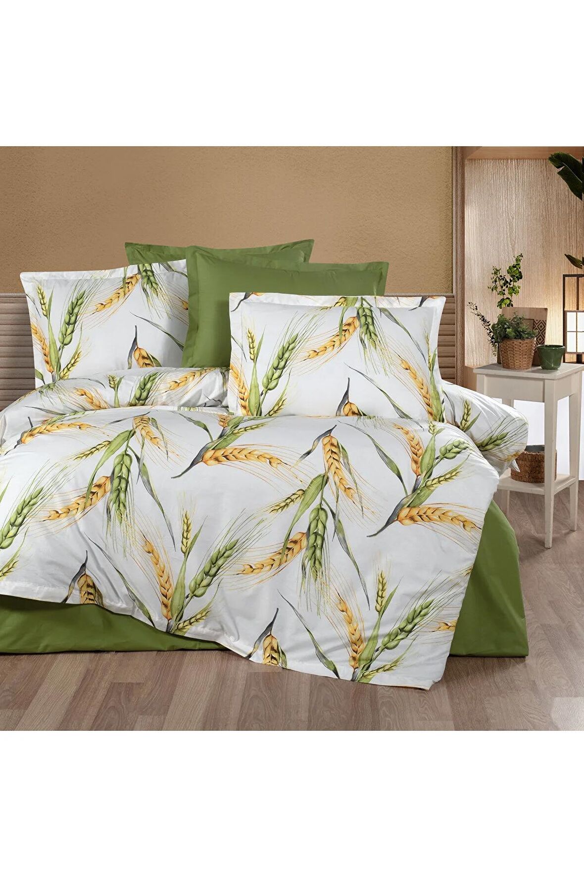 %100 Pamuklu 120x200 Başak Desenli Tek Kişilik Nevresim Takımı (Lastikli Çarşaflı)