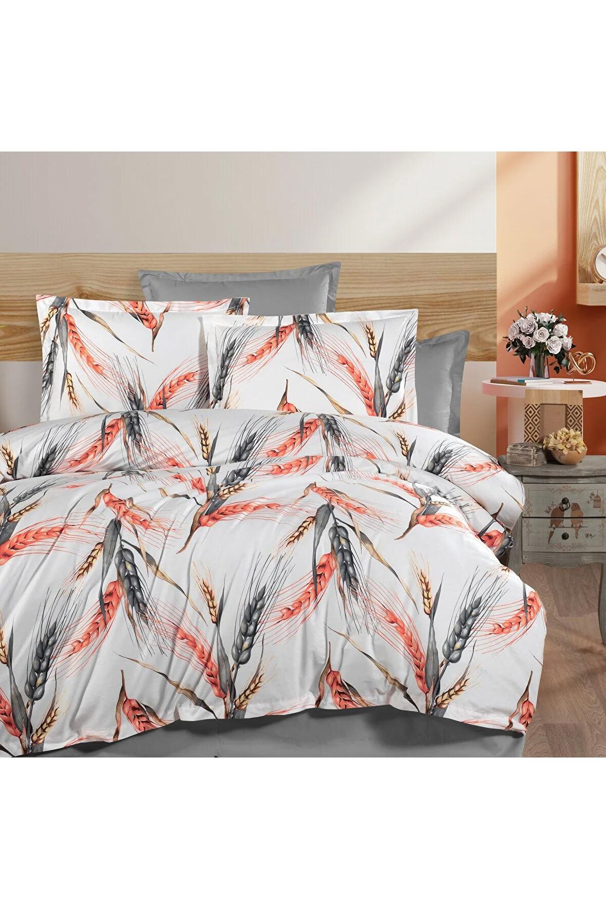 %100 Pamuklu 120x200 Başak Desenli Tek Kişilik Nevresim Takımı (Lastikli Çarşaflı)