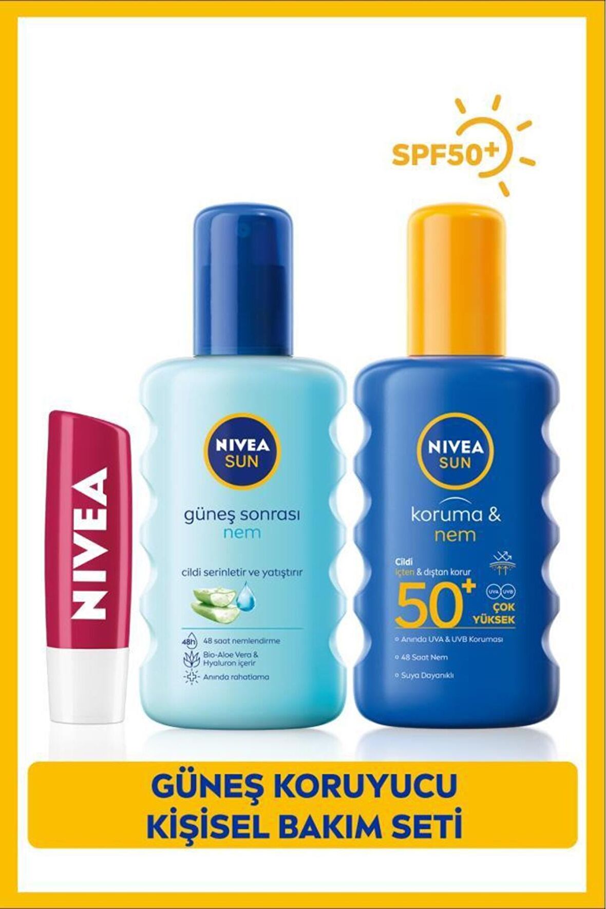 Nivea Sun Güneş Koruyucu Sprey Spf50 200ml, Güneş Sonrası Nemlendirici Sprey 200ml, Dudak Bakım Kremi