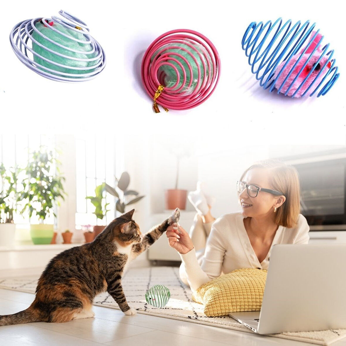 By Nevser® Yaylı Metal Fareli Kafes Kedi Oyun Topu Sıçrayan Spiral Kedi Topu