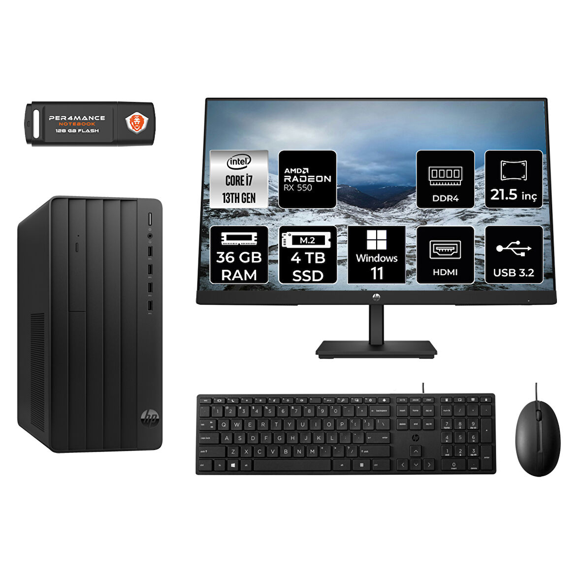 HP PRO TOWER 290 G9 MX2ESD235 i7 13700 36GB RAM 4TB SSD RX550 4GB 21.5" W11H MASAÜSTÜ PC