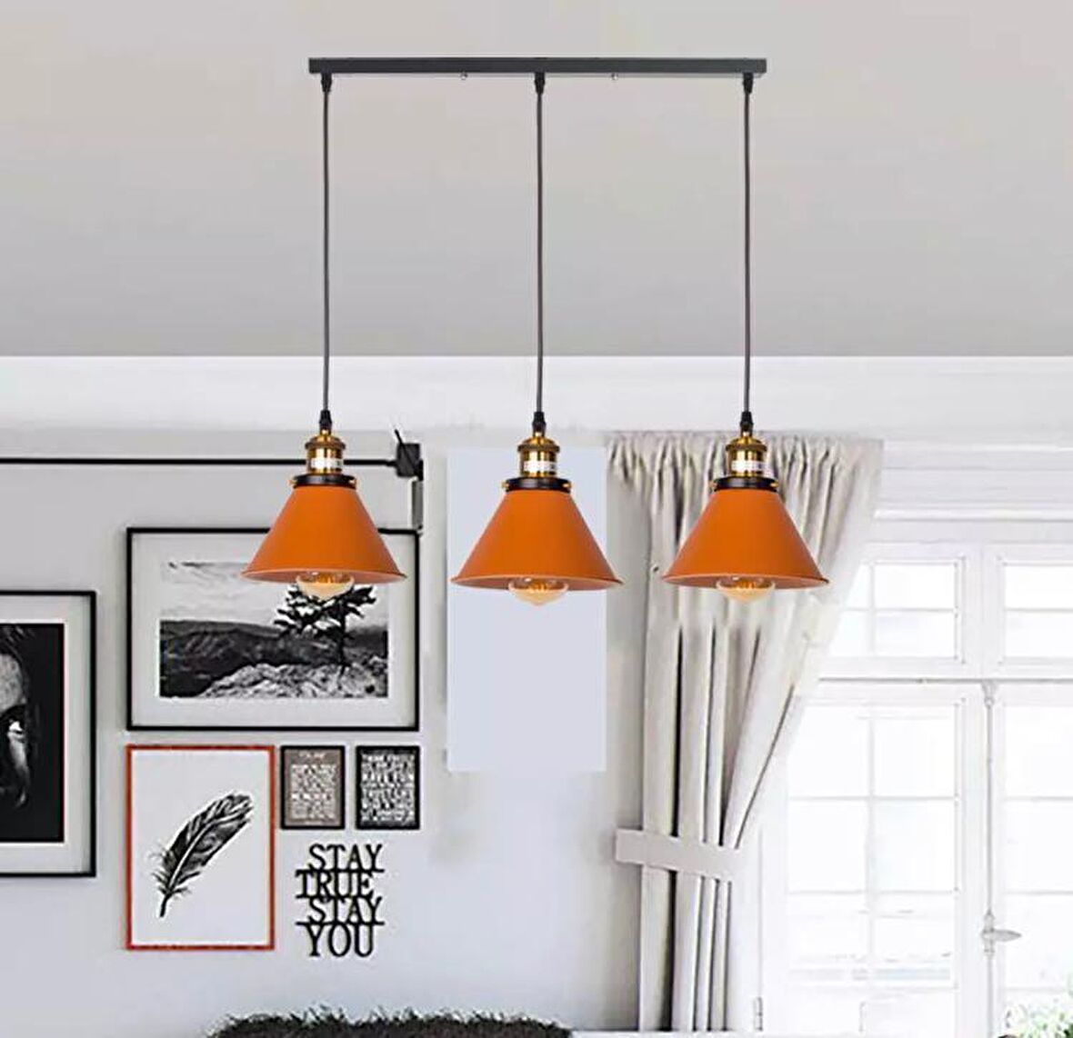 Dylight Retro Dekoratif 3 lü Bakır Rustik Metal Sarkıt Avize 60 Cm