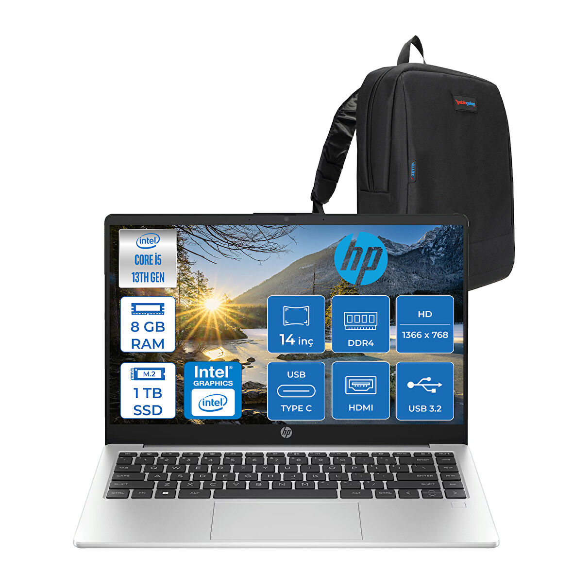 Hp 240 G10 Intel Core I5 1335U 8gb 1tb SSD Intel® Iris® Xᵉ Grafik Freedos 14" Hd (1366 x 768) Sva Taşınabilir Bilgisayar 968L6ETF03 + Zetta Çanta