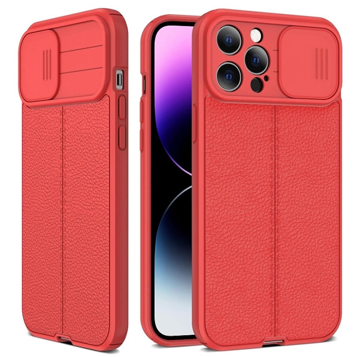Smcase iPhone 14 Pro Kılıf Lensi Kamera Korumalı Deri Dokulu Silikon