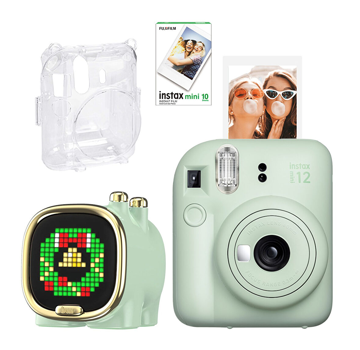 Fujifilm Instax Mini 12 Yeşil Fotoğraf Makinesi 10'lu Film Şeffaf Kılıf ve Divoom Zooe Led Ekranlı B