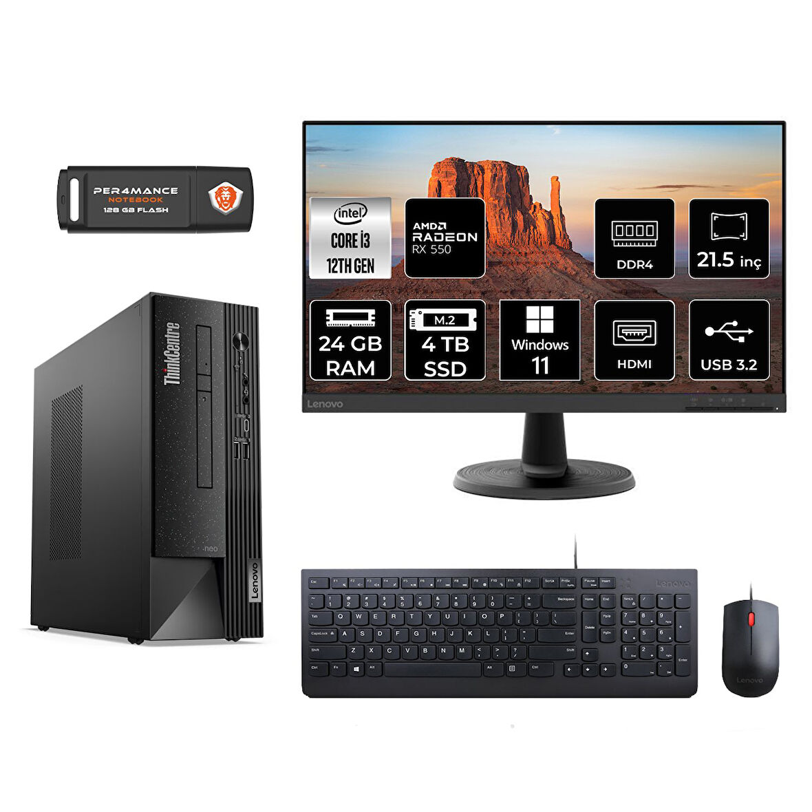 LENOVO Neo 50S M02VTXD225 i3 12100 24GB RAM 4TB SSD RX550 4GB 21.5" W11H MASAÜSTÜ PC