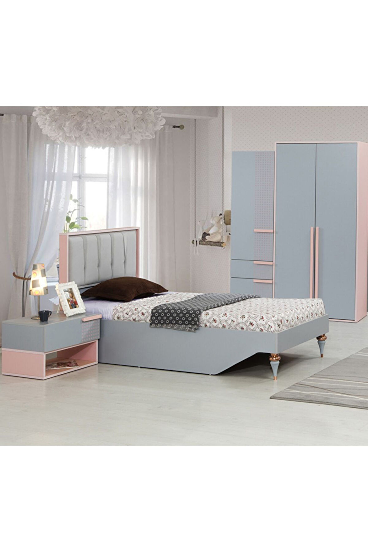 Point Genç Odası - 3 Kapılı Dolap, Karyola, Komodin - Pembe