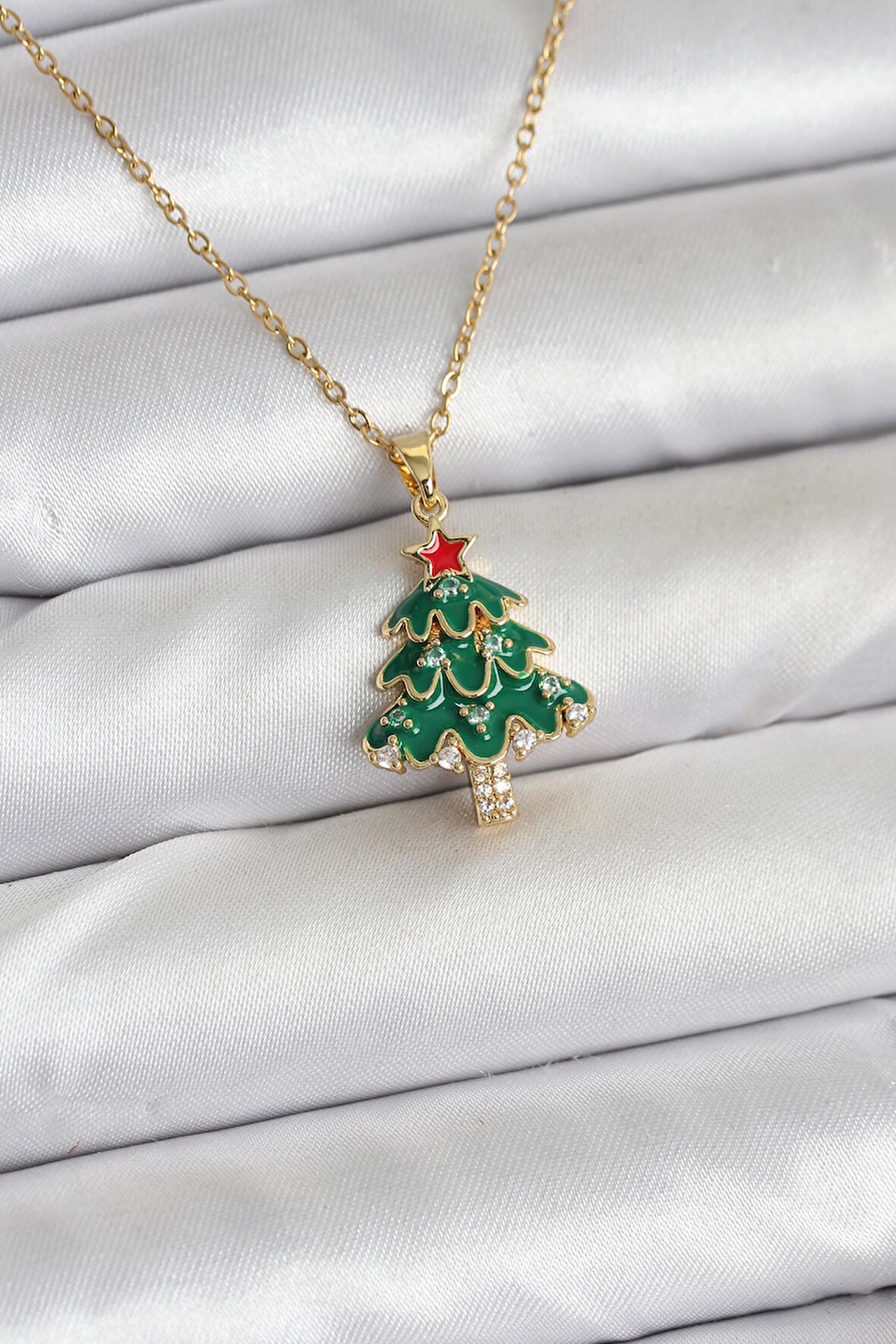 316L Çelik Zincir Gold Renk Çam Ağacı Model Yılbaşı Temalı Kadın Kolye