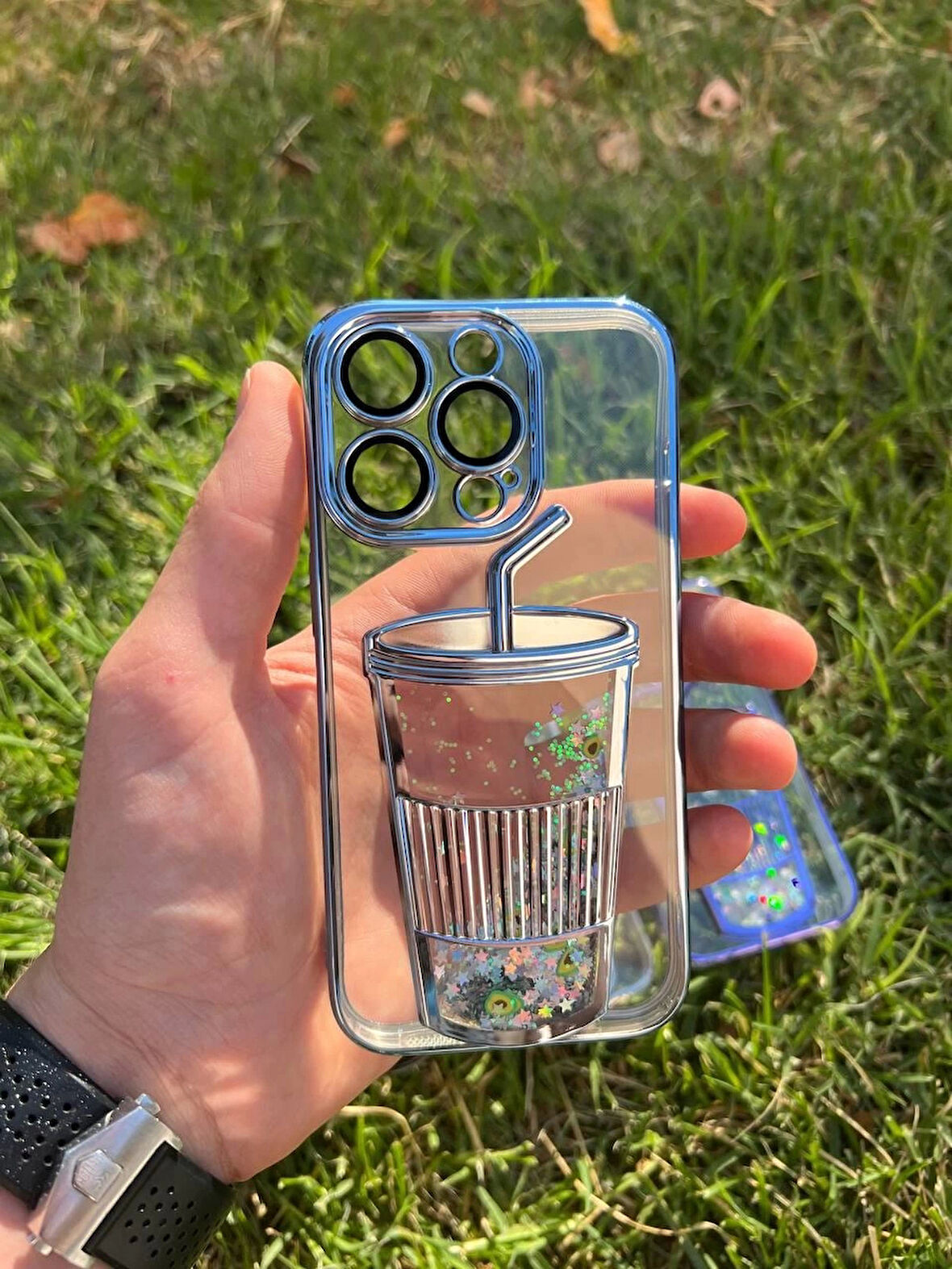 İphone 14 Pro Max  Bardak Desenli Simli Sulu Silikon Telefon Kılıfı