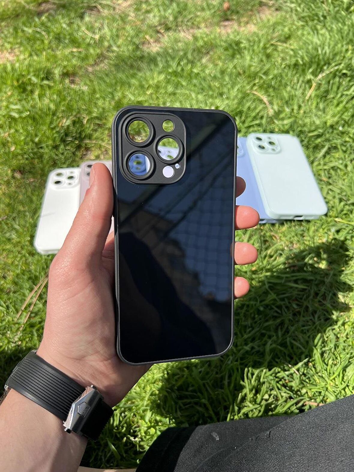 İphone 15 Pro Max Uyumlu Parlak Premium Renkli Cam Telefon Kılıfı