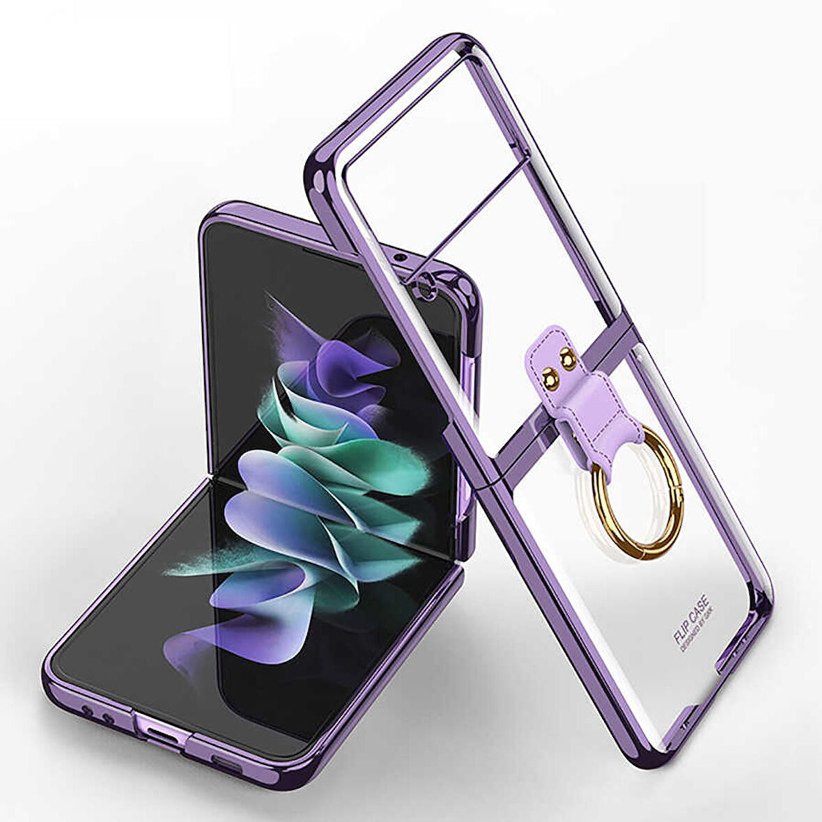 Smcase Samsung Galaxy Z Flip4 Kılıf Kıpta Yüzüklü Lazer Kapak