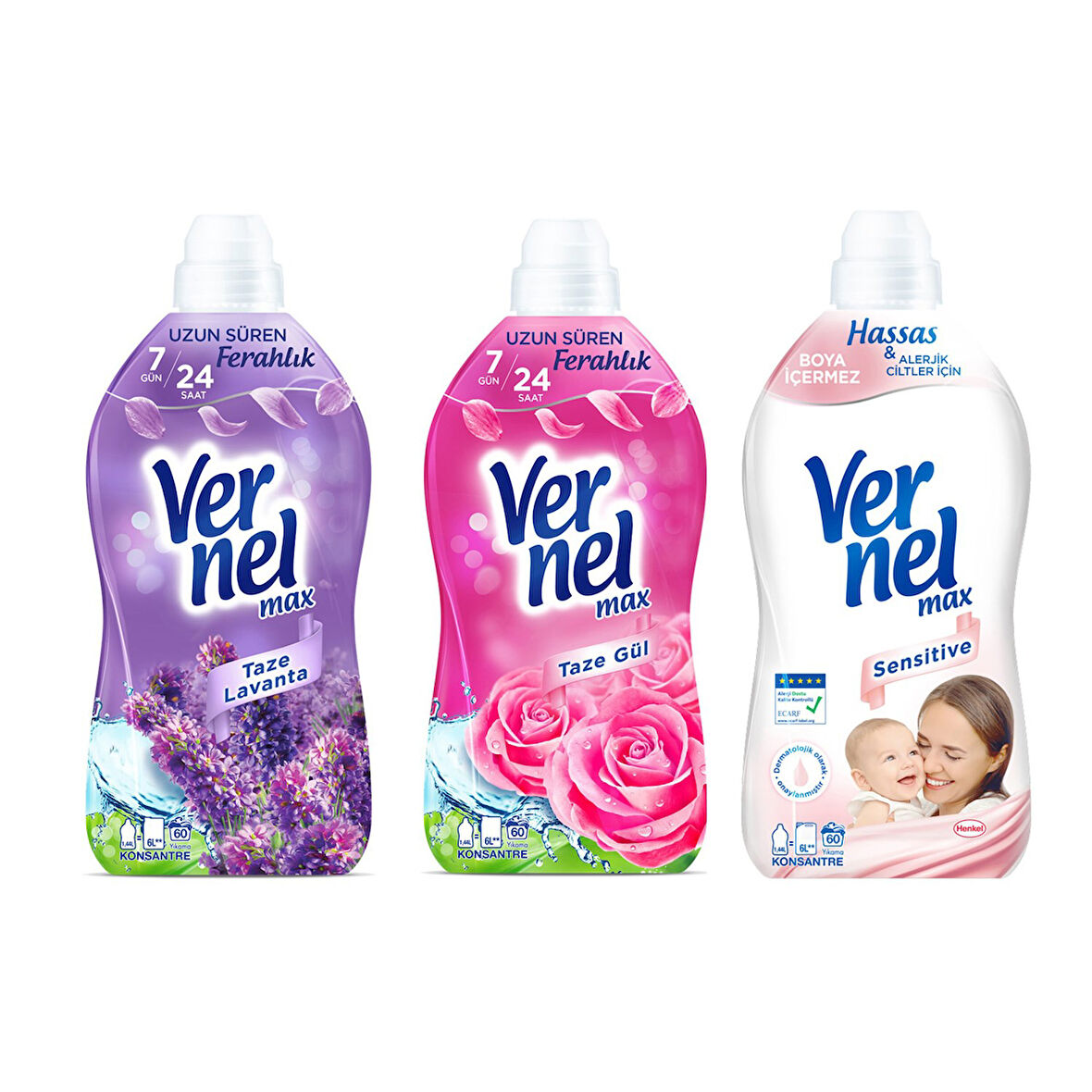 Vernel Max Kons.Çam.Yumuşatıcı 1440 ml Lavanta - Taze Gül ve Sensitive 3 lü