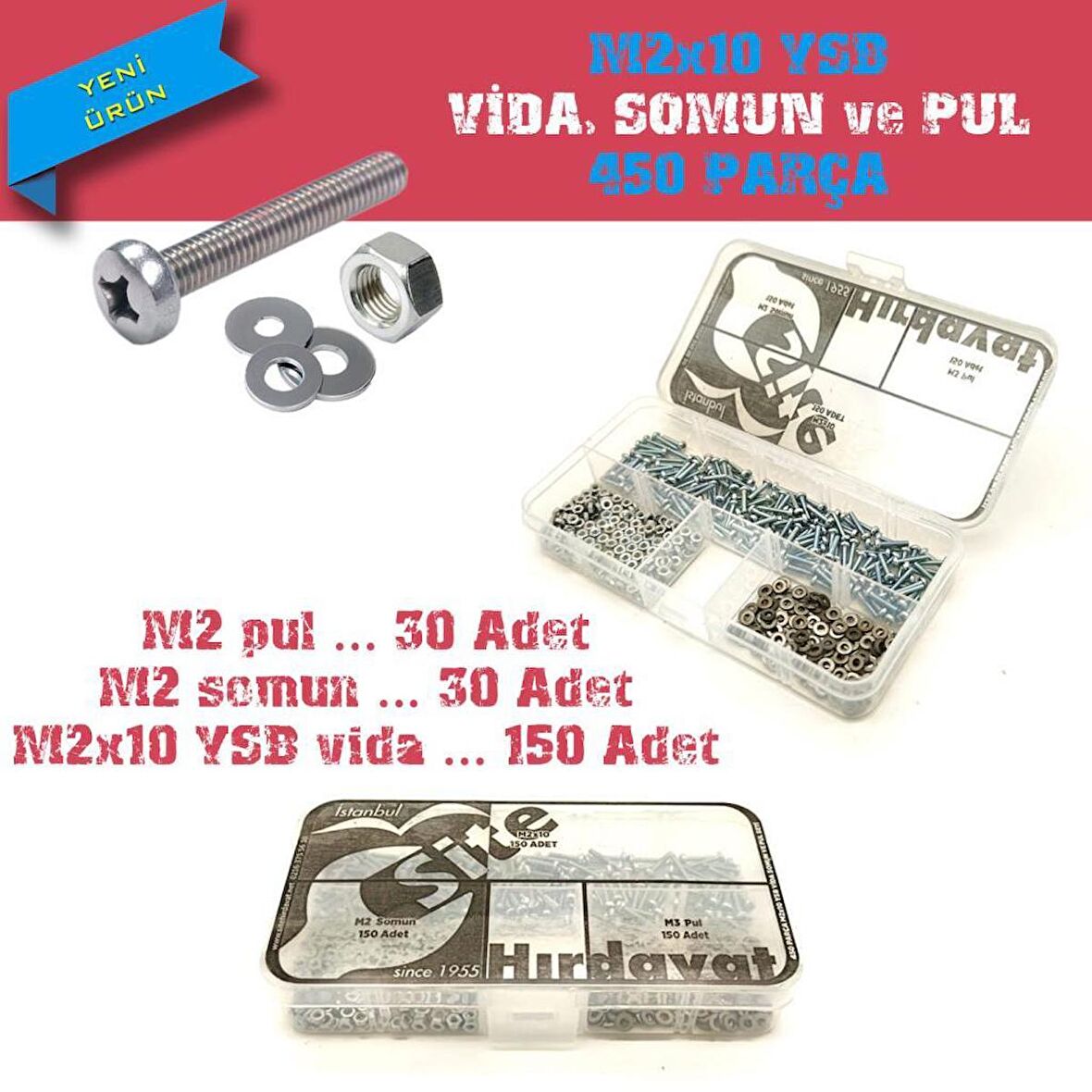 M2x10 YSB Vida Somun ve Pul Seti, 450 Parça