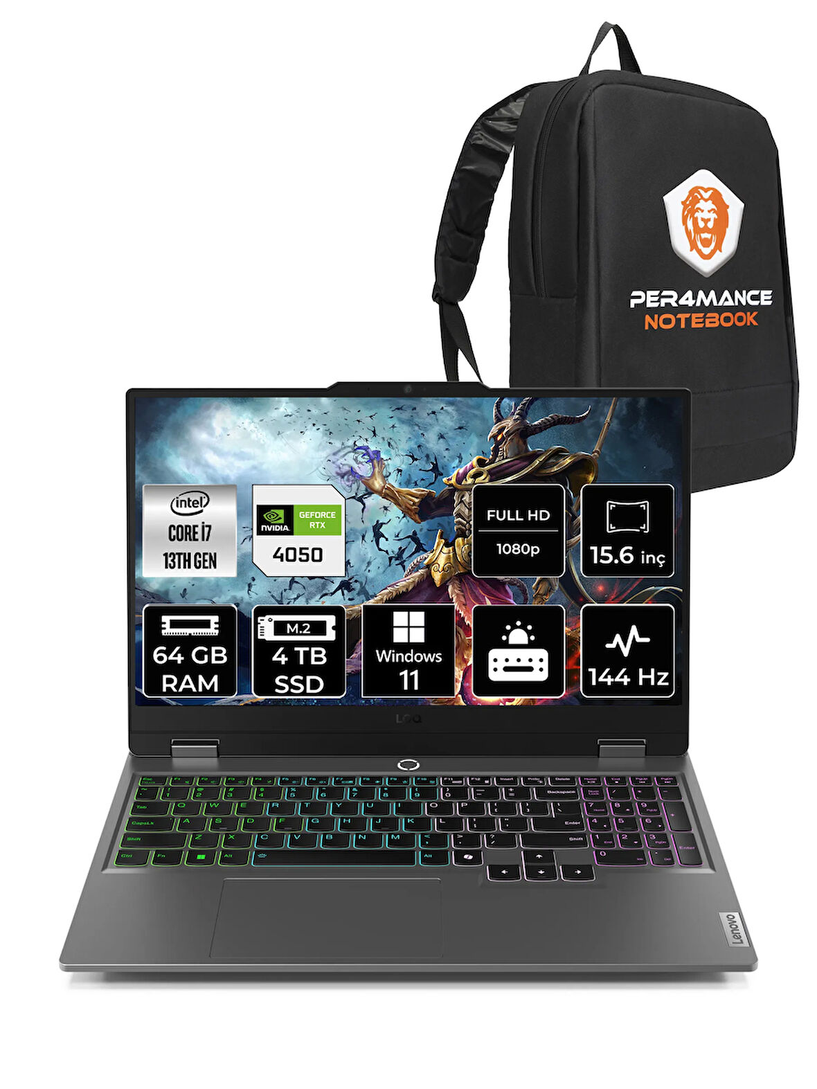 Lenovo LOQ i7 13650HX 64GB 4TB SSD RTX4050/6GB 105W 144Hz FHD 15.6" W11P Gaming Laptop & PER4 ÇANTA