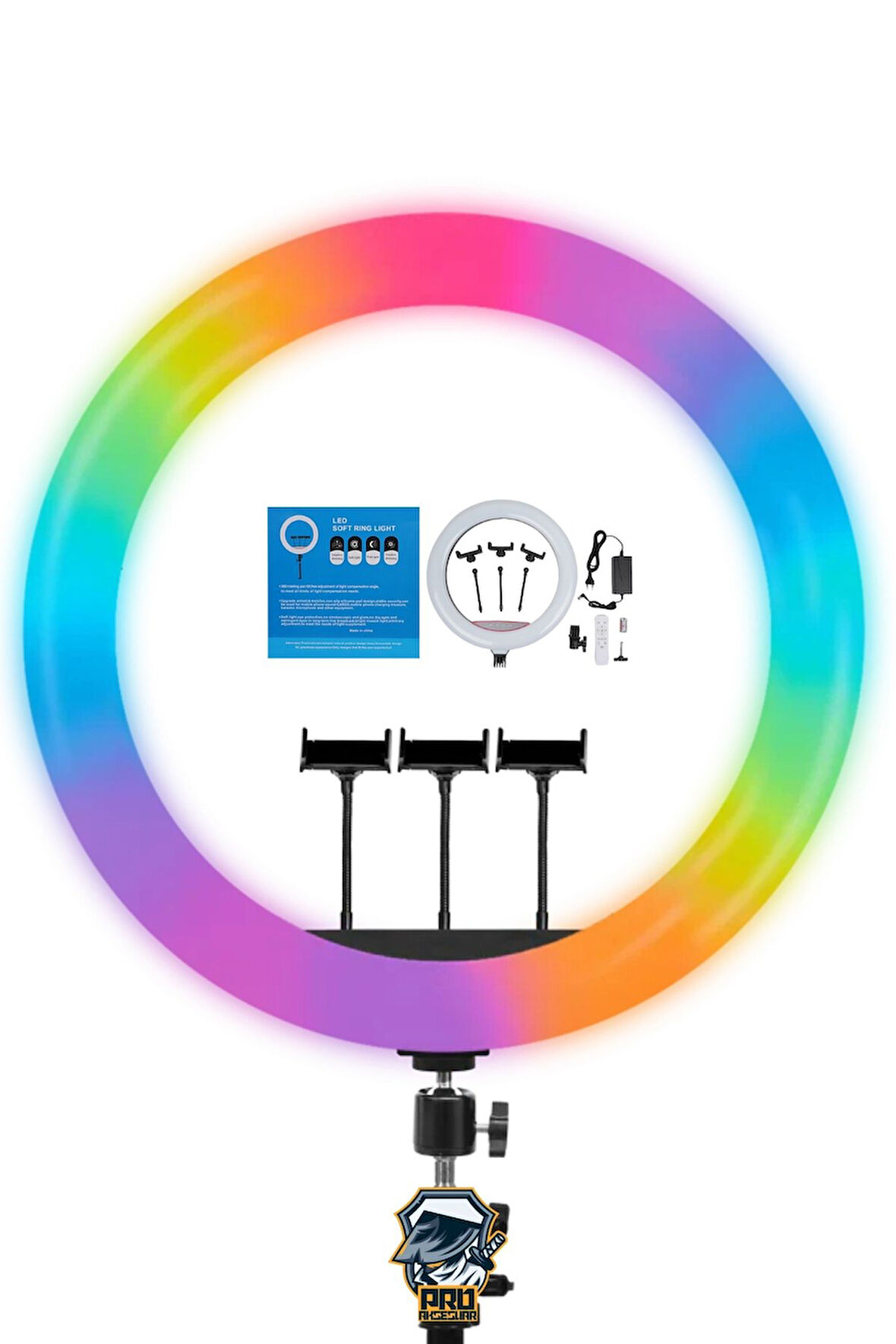 RGB RingLight 45cm Işıklı 3'lü Telefon Tutucu LJJ18 Led Selfie Youtuber Tiktok Işığı Kumandalı