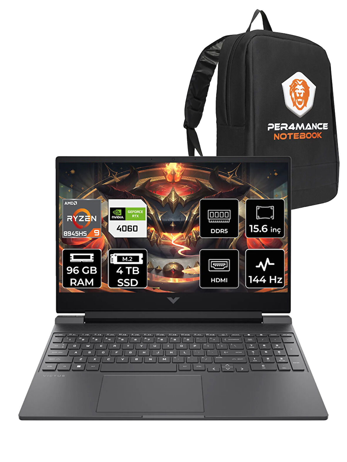 HP Victus 15 R9 8945HS 96GB RAM 4TB SSD RTX4060/8GB 144Hz 15.6'' FHD FDOS Gaming Laptop & PER4 ÇAN